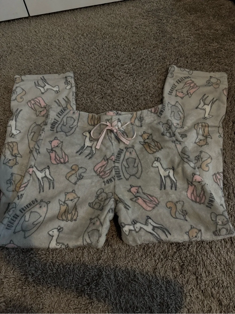 Secret Treasures Plush Animal Print Pajama Bottoms - Gray & Pink Accents